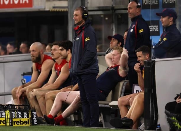 Demons coach, Simon Goodwin looks on from the bench during the AFL First Preliminary Final match between Melbourne Demons and Geelong Cats at Optus...