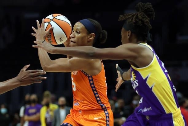 Jasmine Thomas of the Connecticut Sun at Staples Center on September 09, 2021 in Los Angeles, California. NOTE TO USER: User expressly acknowledges...