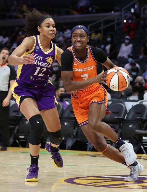 Kaila Charles of the Connecticut Sun and Nia Coffey of the Los Angeles Sparks at Staples Center on September 09, 2021 in Los Angeles, California....