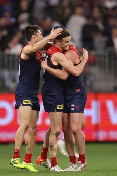 Bayley Fritsch of the Demons celebrates a goal during the AFL First Preliminary Final match between the Melbourne Demons and Geelong Cats at Optus...