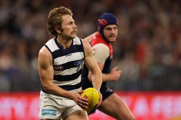 Tom Atkins of the Cats in action during the AFL First Preliminary Final match between the Melbourne Demons and Geelong Cats at Optus Stadium on...