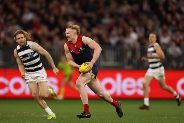 Clayton Oliver of the Demons in action during the AFL First Preliminary Final match between the Melbourne Demons and Geelong Cats at Optus Stadium on...