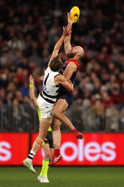 Rhys Stanley of the Cats and Max Gawn of the Demons contest the ruck during the AFL First Preliminary Final match between the Melbourne Demons and...