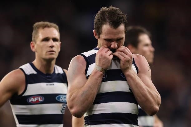 Patrick Dangerfield of the Cats reacts after being defeated during the AFL First Preliminary Final match between the Melbourne Demons and Geelong...