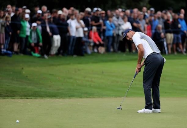 Martin Kaymer of Germany holds his putt on the 18th green during Day Two of The BMW PGA Championship at Wentworth Golf Club on September 10, 2021 in...