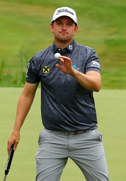 Bernd Wiesberger of Austria on the 18th hole during the second round of The BMW PGA Championship at Wentworth Golf Club on September 10, 2021 in...