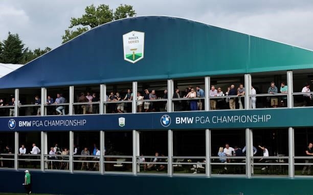 General view of the Hospitality pavilion on the 18th hole during Day Two of The BMW PGA Championship at Wentworth Golf Club on September 10, 2021 in...