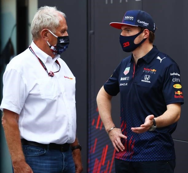 Max Verstappen of Netherlands and Red Bull Racing talks with Red Bull Racing Team Consultant Dr Helmut Marko in the Paddock after qualifying ahead of...