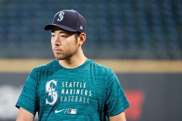 Yusei Kikuchi of the Seattle Mariners looks on before the game against the Arizona Diamondbacks at T-Mobile Park on September 10, 2021 in Seattle,...