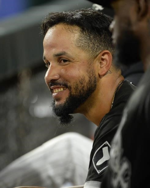 Jose Abreu of the Chicago White Sox smiles after hitting a three-run home run in the third inning against the Boston Red Sox on September 10, 2021 at...