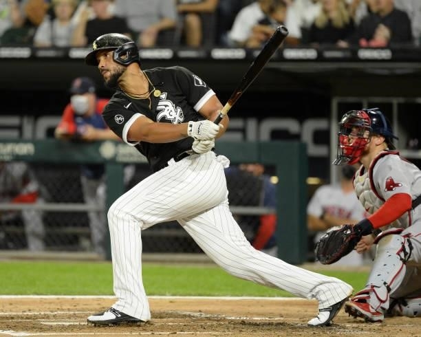 Jose Abreu of the Chicago White Sox hits a three-run home run in the third inning against the Boston Red Sox on September 10, 2021 at Guaranteed Rate...