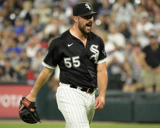 Carlos Rodon of the Chicago White Sox reacts after recording the final out of the second inning against the Boston Red Sox on September 10, 2021 at...