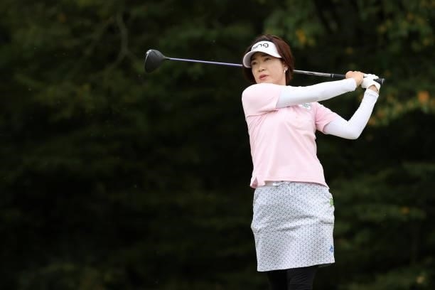 Shiho Oyama of Japan hits her tee shot on the 6th hole during the third round of the JLPGA Championship Konica Minolta Cup at Shizu Hills Country...