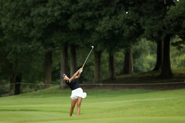 Megumi Kido of Japan hits her second shot on the 5th hole during the third round of the JLPGA Championship Konica Minolta Cup at Shizu Hills Country...