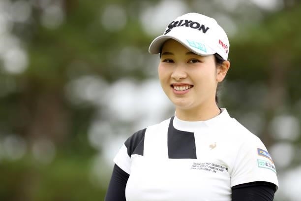Sakura Koiwai of Japan smiles on the 16th green during the third round of the JLPGA Championship Konica Minolta Cup at Shizu Hills Country Club on...