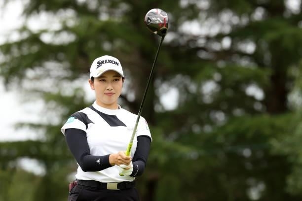 Sakura Koiwai of Japan is seen before her tee shot on the 17th hole during the third round of the JLPGA Championship Konica Minolta Cup at Shizu...