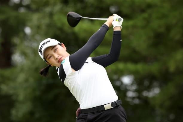 Sakura Koiwai of Japan hits her tee shot on the 17th hole during the third round of the JLPGA Championship Konica Minolta Cup at Shizu Hills Country...