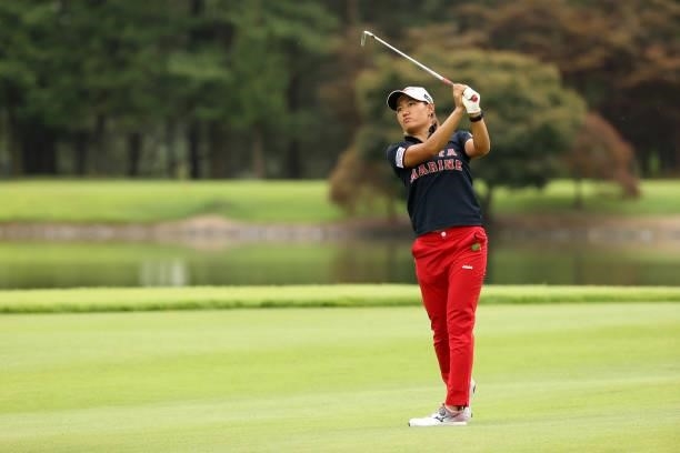 Mao Nozawa of Japan hits her second shot on the 17th hole during the third round of the JLPGA Championship Konica Minolta Cup at Shizu Hills Country...