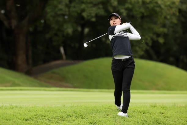 Sayaka Takahashi of Japan hits her second shot on the 11th hole during the third round of the JLPGA Championship Konica Minolta Cup at Shizu Hills...