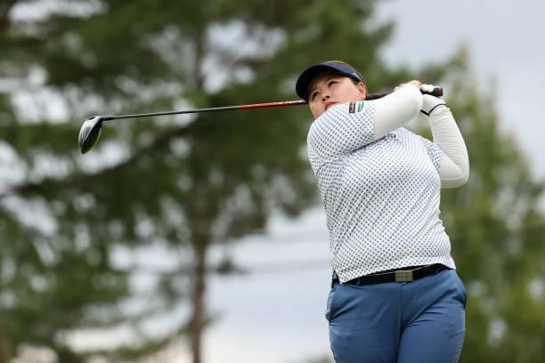 Maaya Suzuki of Japan hits her tee shot on the 17th hole during the third round of the JLPGA Championship Konica Minolta Cup at Shizu Hills Country...