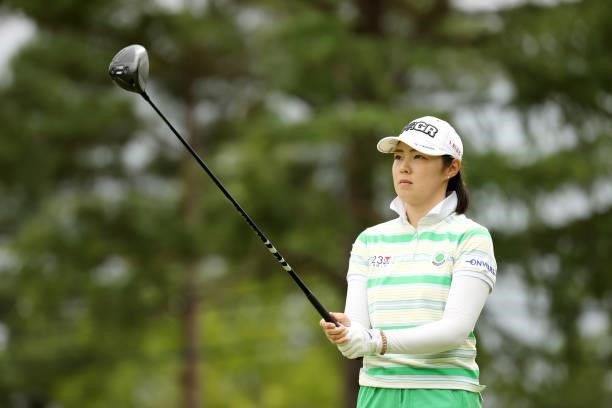 Rie Tsuji of Japan is seen before her tee shot on the 17th hole during the third round of the JLPGA Championship Konica Minolta Cup at Shizu Hills...