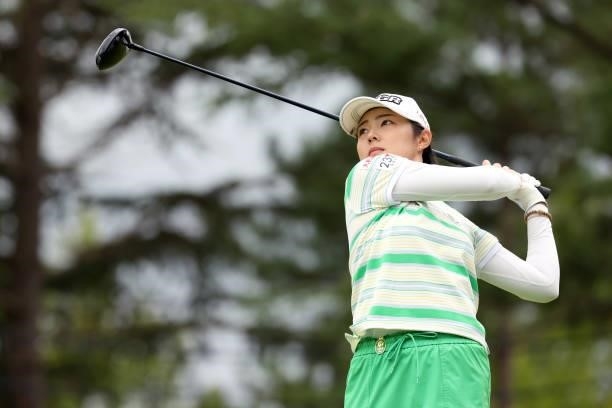 Rie Tsuji of Japan hits her tee shot on the 17th hole during the third round of the JLPGA Championship Konica Minolta Cup at Shizu Hills Country Club...