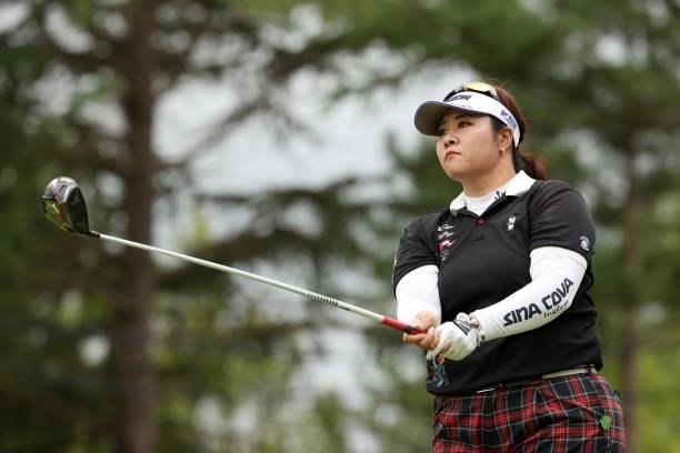 Miki Sakai of Japan hits her tee shot on the 17th hole during the third round of the JLPGA Championship Konica Minolta Cup at Shizu Hills Country...