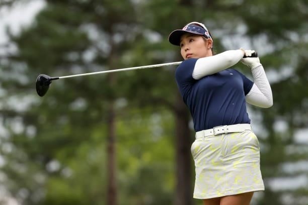 Akane Saeki of Japan hits her tee shot on the 17th hole during the third round of the JLPGA Championship Konica Minolta Cup at Shizu Hills Country...