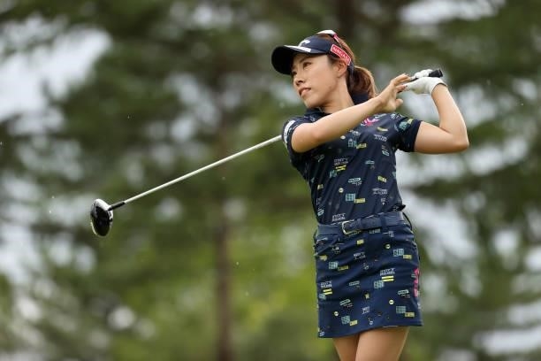 Ayako Kimura of Japan hits her tee shot on the 17th hole during the third round of the JLPGA Championship Konica Minolta Cup at Shizu Hills Country...