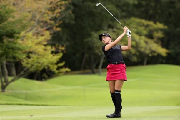 Hana Wakimoto of Japan hits her second shot on the 16th hole during the third round of the JLPGA Championship Konica Minolta Cup at Shizu Hills...