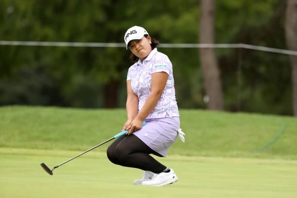 Ai Suzuki of Japan reacts after a putt on the 16th green during the third round of the JLPGA Championship Konica Minolta Cup at Shizu Hills Country...