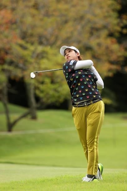 Mayu Hamada of Japan hits her second shot on the 16th hole during the third round of the JLPGA Championship Konica Minolta Cup at Shizu Hills Country...