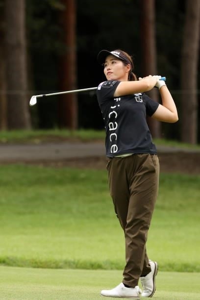 Nozomi Uetake of Japan hits her second shot on the 16th hole during the third round of the JLPGA Championship Konica Minolta Cup at Shizu Hills...