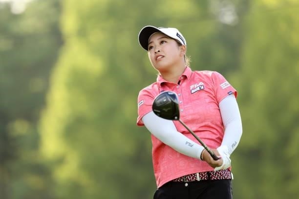 Mao Saigo of Japan hits her tee shot on the 18th hole during the third round of the JLPGA Championship Konica Minolta Cup at Shizu Hills Country Club...