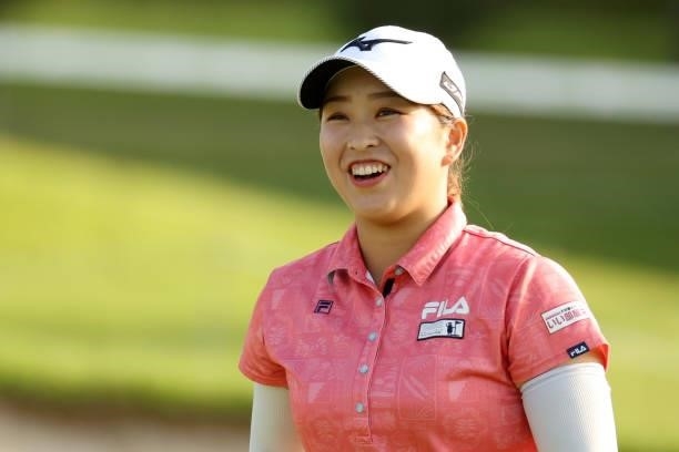 Mao Saigo of Japan smiles after holing out on the 18th green during the third round of the JLPGA Championship Konica Minolta Cup at Shizu Hills...