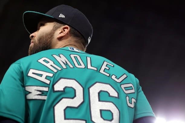 Jose Marmolejos of the Seattle Mariners looks on before the game against the Arizona Diamondbacks at T-Mobile Park on September 10, 2021 in Seattle,...