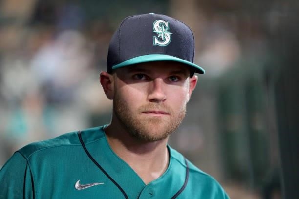 Jake Bauers of the Seattle Mariners looks on before the game against the Arizona Diamondbacks at T-Mobile Park on September 10, 2021 in Seattle,...