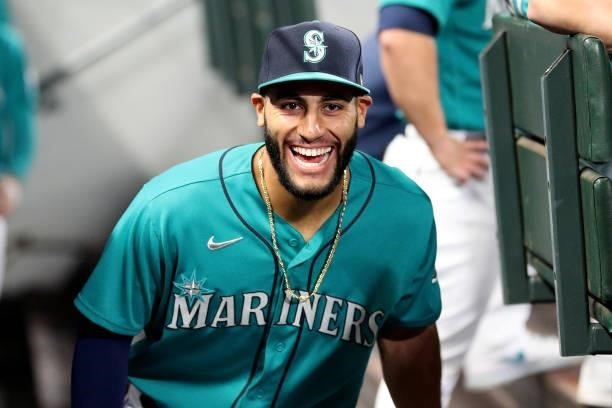 Abraham Toro of the Seattle Mariners looks on before the game against the Arizona Diamondbacks at T-Mobile Park on September 10, 2021 in Seattle,...