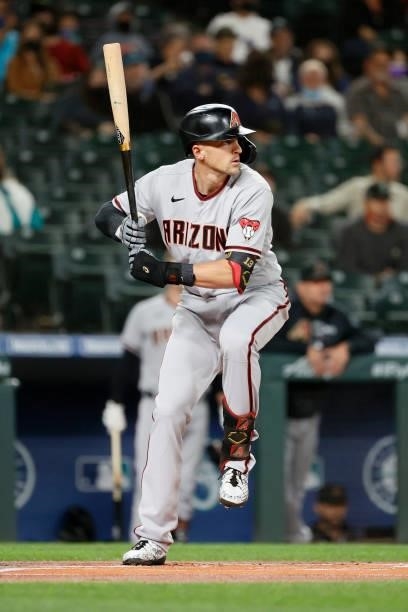 Nick Ahmed of the Arizona Diamondbacks at bat against the Seattle Mariners at T-Mobile Park on September 10, 2021 in Seattle, Washington.