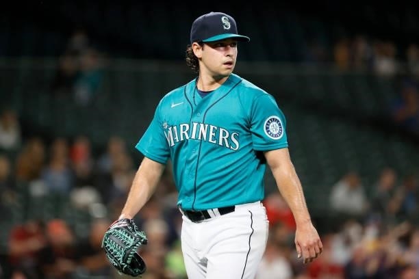 Marco Gonzales of the Seattle Mariners looks on during the game against the Arizona Diamondbacks at T-Mobile Park on September 10, 2021 in Seattle,...