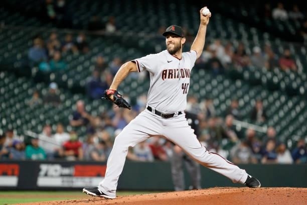 Madison Bumgarner of the Arizona Diamondbacks pitches against the Seattle Mariners during the first inning at T-Mobile Park on September 10, 2021 in...