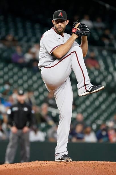 Madison Bumgarner of the Arizona Diamondbacks pitches against the Seattle Mariners during the first inning at T-Mobile Park on September 10, 2021 in...