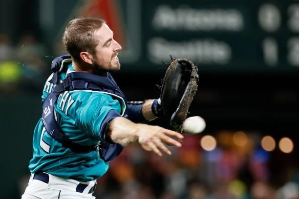 Tom Murphy of the Seattle Mariners in action against the Arizona Diamondbacks at T-Mobile Park on September 10, 2021 in Seattle, Washington.