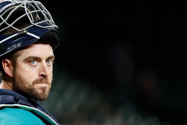 Tom Murphy of the Seattle Mariners looks on during the game against the Arizona Diamondbacks at T-Mobile Park on September 10, 2021 in Seattle,...