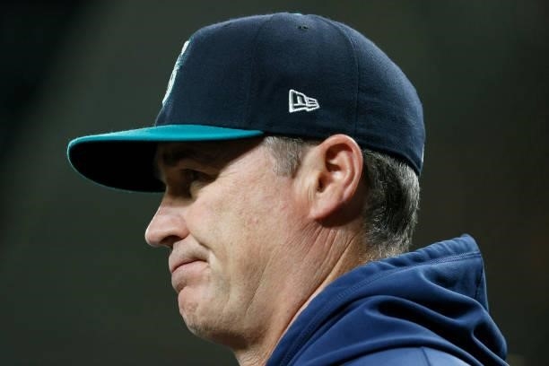 Manager Scott Servais of the Seattle Mariners looks on during the game against the Arizona Diamondbacks at T-Mobile Park on September 10, 2021 in...