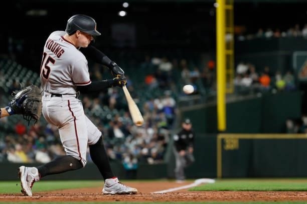Andrew Young of the Arizona Diamondbacks at bat against the Seattle Mariners at T-Mobile Park on September 10, 2021 in Seattle, Washington.
