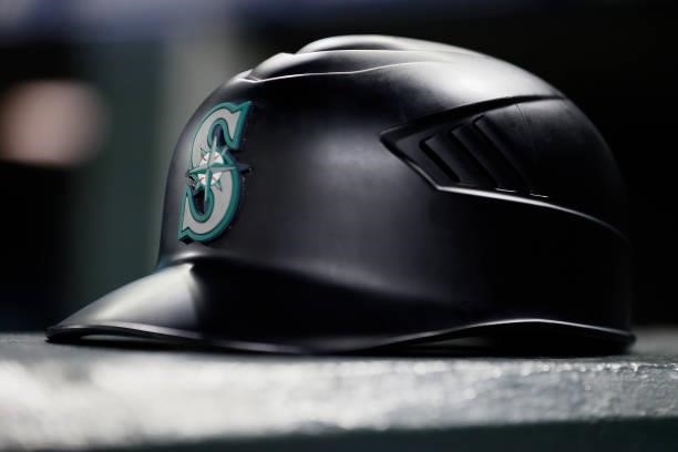 Seattle Mariners batting helmet is seen during the game against the Arizona Diamondbacks at T-Mobile Park on September 10, 2021 in Seattle,...