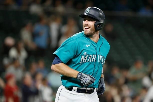 Tom Murphy of the Seattle Mariners reacts after his two run home run during the second inning against the Arizona Diamondbacks at T-Mobile Park on...