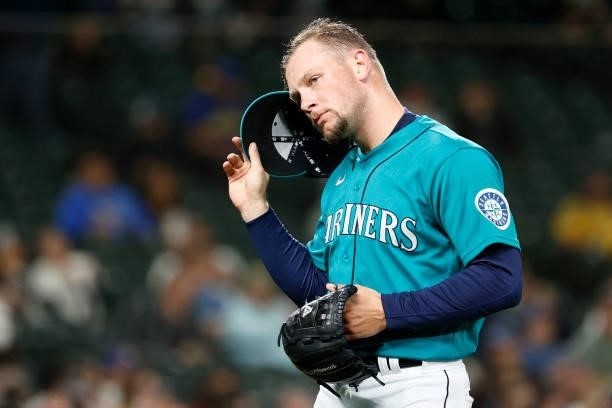 Anthony Misiewicz of the Seattle Mariners walks to the dugout against the Arizona Diamondbacks at T-Mobile Park on September 10, 2021 in Seattle,...