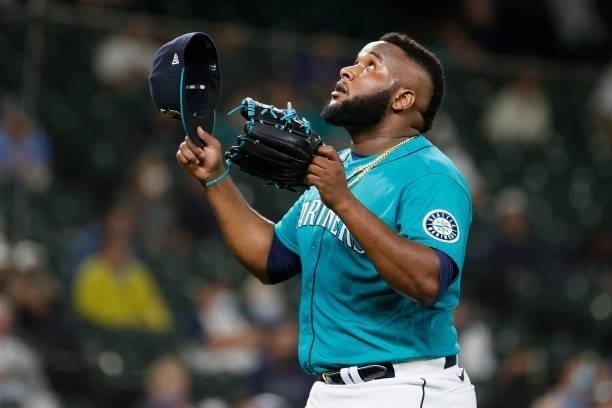 Diego Castillo of the Seattle Mariners reacts during the game against the Arizona Diamondbacks at T-Mobile Park on September 10, 2021 in Seattle,...